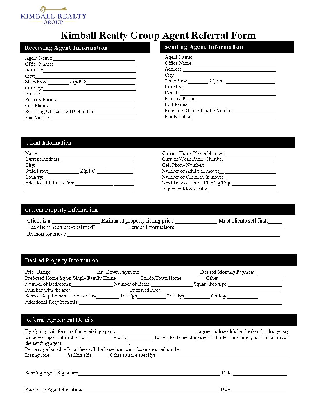 Kimball Realty Group Agent Referral Form